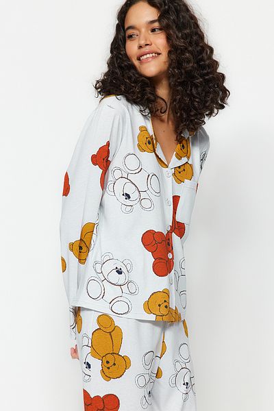 Trendyol Collection Szürke melange 100% pamut mackó ing-nadrág kötött pizsama szett THMAW24PT00002