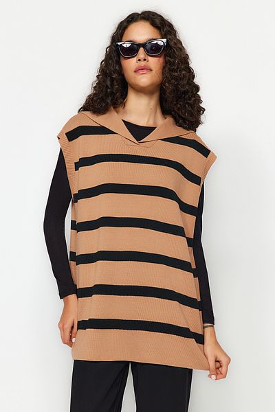 Trendyol Modest Black Sailor Neck Striped Knitwear Sweater TCTAW24UV00034