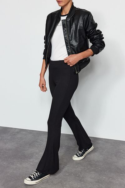 Edit by Trendyol Black Rib Detailed Flare Knitted Trousers TWOAW24PL00376