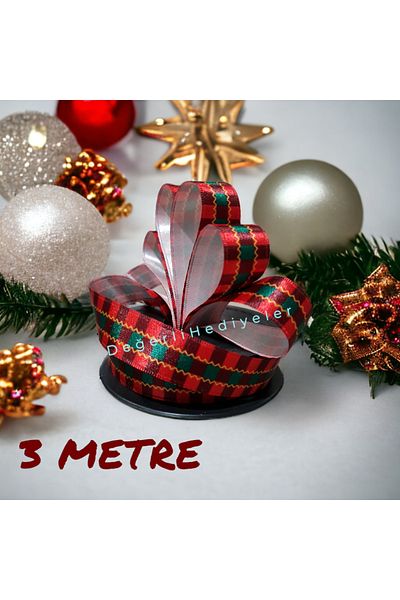 GÜLSEMALİ 3 METERS Satin Pattern Printed New Year Ribbon Box Decoration Ribbon Tree Decoration Ribbon 2.5cm