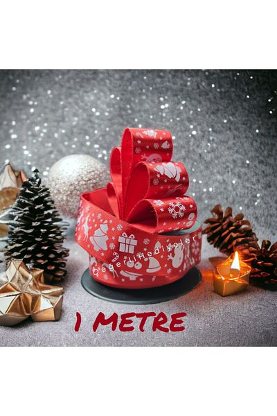 GÜLSEMALİ 1 METER Red Satin Print New Year Ribbon Box Decoration Ribbon Tree Decoration Ribbon 3cm