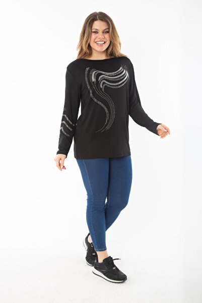 Şans Women's Plus Size Black Sleeve and Stone Detailed Blouse 65N37325
