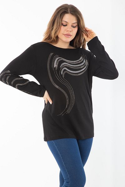 Şans Women's Plus Size Black Sleeve and Stone Detailed Blouse 65N37325