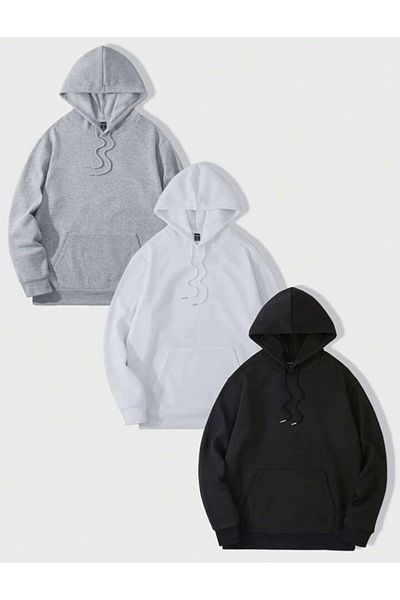 Josette Φούτερ 3 τεμαχίων Unisex Μαύρο Γκρι Λευκό Απλό Unprinted Oversize Φούτερ με κουκούλα