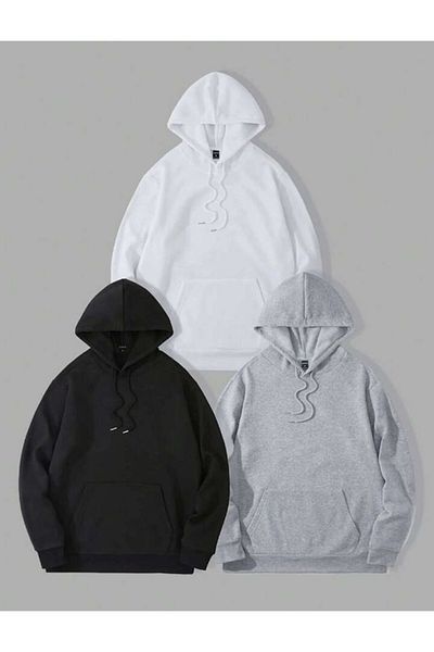 Josette Φούτερ 3 τεμαχίων Unisex Μαύρο Γκρι Λευκό Απλό Unprinted Oversize Φούτερ με κουκούλα