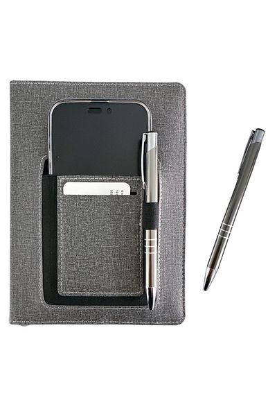 ORANLI PROMOSYON Thermo Leather Smoked Notebook with Phone and Card Pocket Striped Undated Notebook with Pen Gift