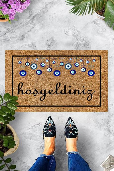 Pelangi Digital Printed Welcome Written Decorative Door Mat with Evil Eye Bead Figure