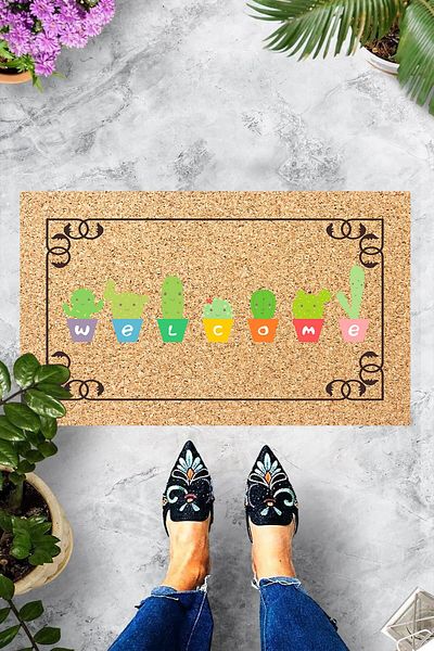 Pelangi Decorative Door Mat with Colorful Welcome Writing in a Digital Printed Pot