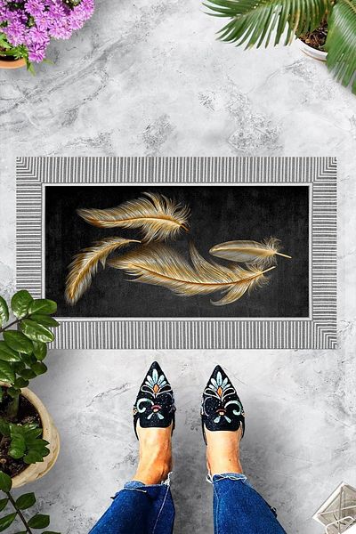 Pelangi Digital Printed Gold Feather Pattern Decorative Door Mat