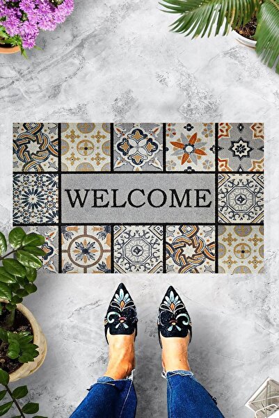 Pelangi Dijital Baskılı Welcome Yazılı Dekoratif Kapı Önü Paspası