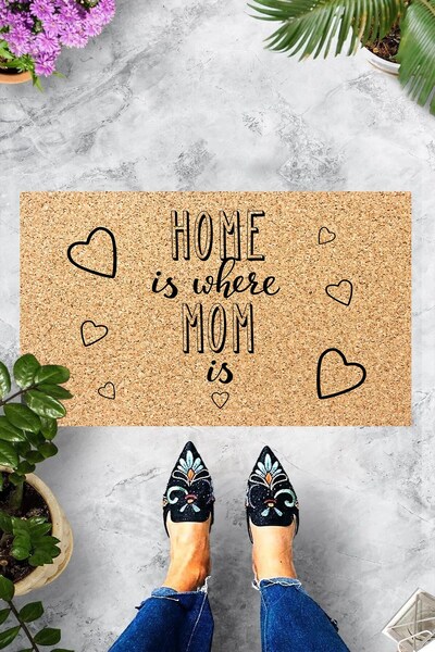 Pelangi Dijital Baskılı Home is Where Mom is Yazılı Dekoratif Kapı Önü Paspası