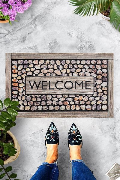 Pelangi Digital Printed Welcome Written Stone Patterned Decorative Door Mat