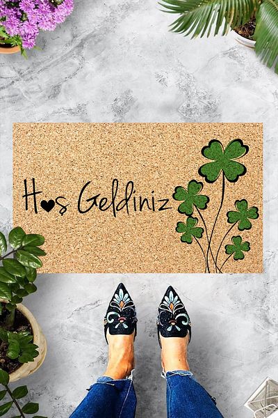 Pelangi Digital Printed Welcome Written Clover Flower Patterned Decorative Door Mat