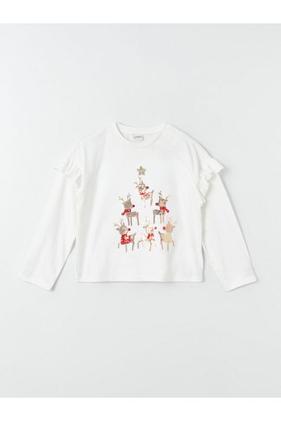 LC Waikiki Langarm-Mädchen-T-Shirt mit Rundhalsausschnitt und Neujahrsmotiv
