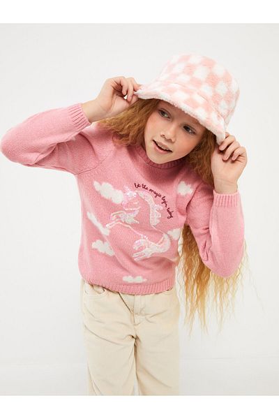 LC Waikiki Patterned Crew Neck Long Sleeve Girls' Knitwear Sweater