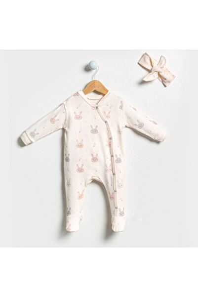 by bubbles Bebek Tulumu Patikli Tavşan Desenli %100 Pamuk Önden Çıtçıtlı Krem...