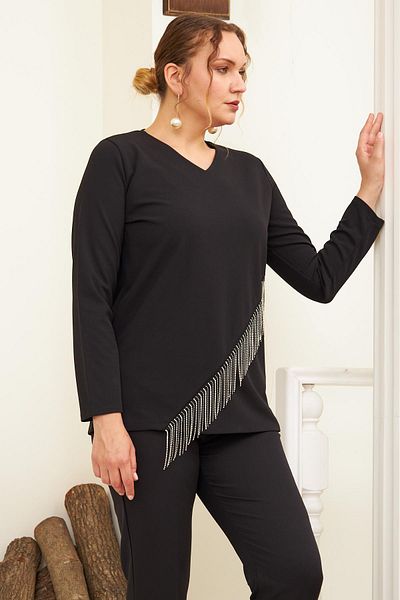 RMG Plus Size Black Blouse with Front Chain Accessory