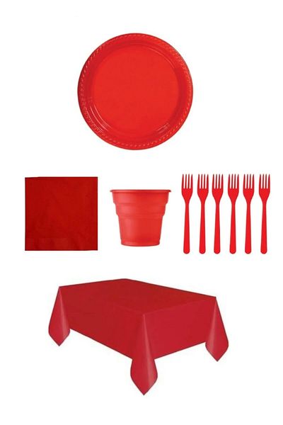Party Fantasy Red Color Plastic Plate, Cup, Fork, Napkin and Disposable Tablecloth Set
