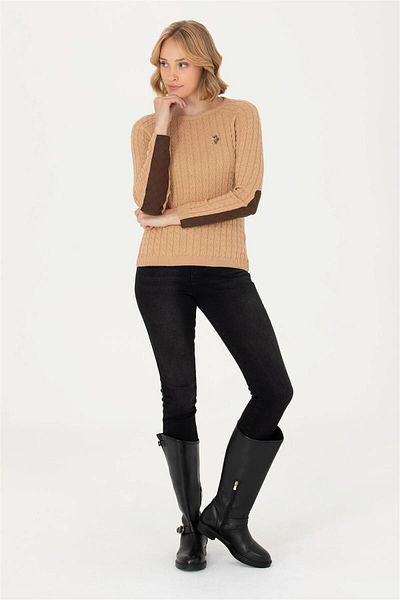 U.S. Polo Assn. Pulover de bază pentru femei Sand Melange Crew Neck ELIFSU BUTİKHOME