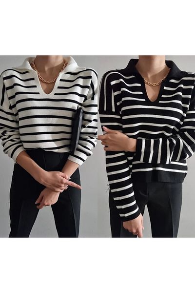 BEŞİR GİYİM Pulover tricot cu dungi alb-negru cu gât polo - Set de două femei