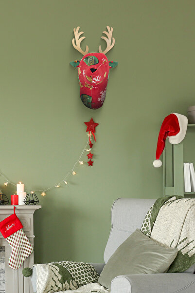ESLENTA Yılbaşı Konsepti Kumaştan Geyik Kafası Duvar Dekoru Kırmızı