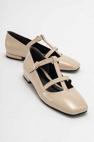 Niloshka FESTA Beige Patent Leather Buckle Casual Ballerina Women's Shoes