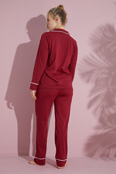 pijamacity Kadın Bordo Uzun Kollu Pamuklu Düğmeli Biyeli Pijama Takımı