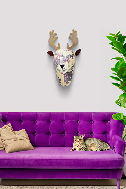 ESLENTA Rustik Tarz Kumaştan Geyik Kafası Duvar Dekoru Mor