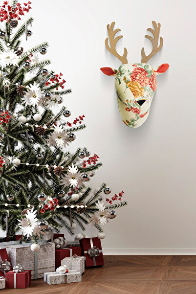 ESLENTA Rustik Tarz Kumaştan Geyik Kafası Duvar Dekoru Turuncu