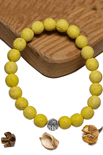 Tesbih Atölyesi Certified Volcanic Yellow Lava Stone Bracelet - With Silver Device