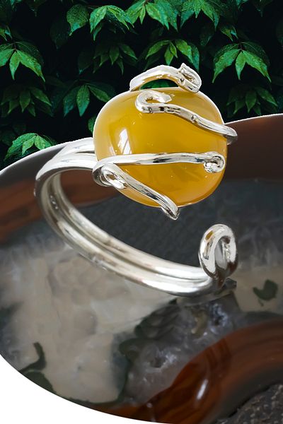 Tesbih Atölyesi Silver Rococo Ring with Yellow Agate Stone - Adjustable