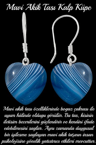 Tesbih Atölyesi Certified Heart Cut Veined Blue Agate Stone Natural Stone Earrings