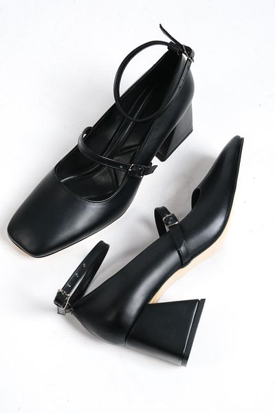 Modabuymus Kulia Black Matte Mary Jane Blunt Toe Strap Pantofi