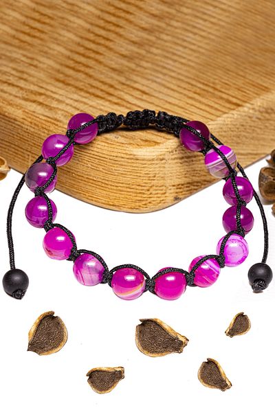 Tesbih Atölyesi Certified Bright Pink Agate Stone Bracelet - Macrame