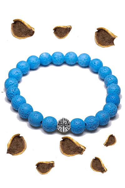 Tesbih Atölyesi Certified Volcanic Blue Lava Stone Bracelet - With Silver Device