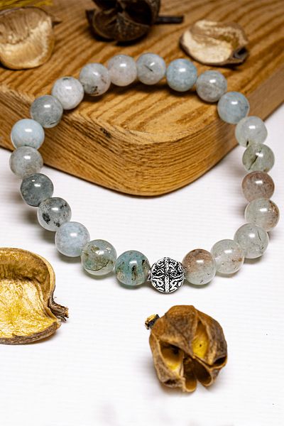 Tesbih Atölyesi Certified Aaa+ Quality Light Blue Agate Stone Bracelet - With Silver Device
