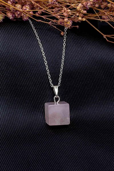 Tesbih Atölyesi Certified Cube Cut Pink Quartz Stone Natural Stone Necklace