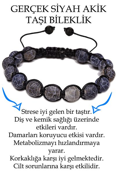 Tesbih Atölyesi Certified Veined Black Agate Stone Bracelet - Macrame