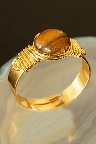 Tesbih Atölyesi Certified Thick Tumbler Model Tiger Eye Stone Ring - Adjustable