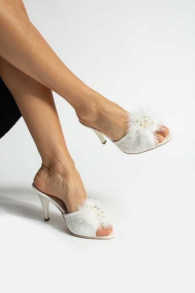 FORS SHOES Pearl Color Lace Skin Heeled Bridal Dressing Gown Dowry Pearl Stone Feather Detailed Evening Dress Slippers 9 cm