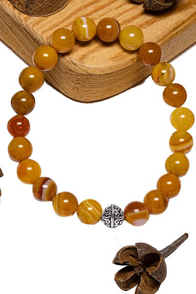 Tesbih Atölyesi Aaa+ Certified - Veined Orange Agate Stone Bracelet, Silver Apparatus