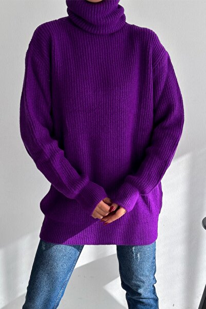 FEMELLE Pulover de damă, mov, mărime standard, cu gâtul pescar, de bază, tricotaj, tunică