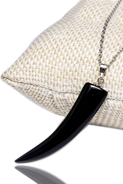Tesbih Atölyesi Certified Horn Cut Natural Obsidian Stone Necklace
