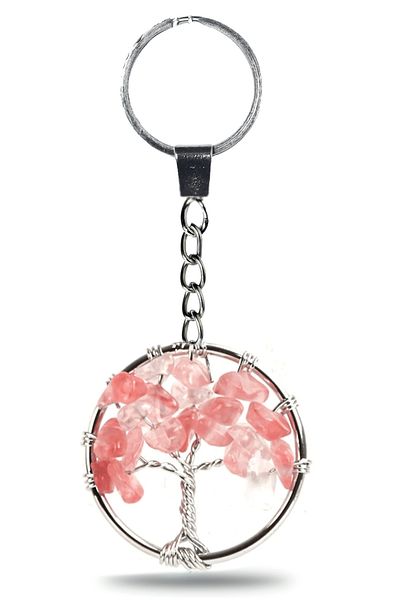 Tesbih Atölyesi Certified Rose Quartz Stone Tree of Life Natural Stone Keychain