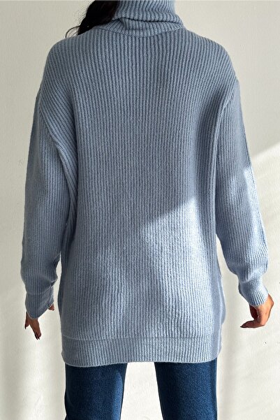 FEMELLE Pulover tunică de damă, albastru bebeluș, mărime standard, cu gât țesut Pescar