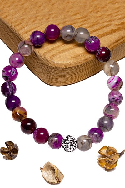 Tesbih Atölyesi Certified Aaa+ Pink - White Agate Stone Bracelet - With Silver Device