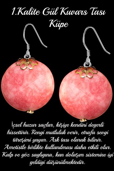 Tesbih Atölyesi Certified Rose Quartz Stone Natural Stone Earrings - 1st quality