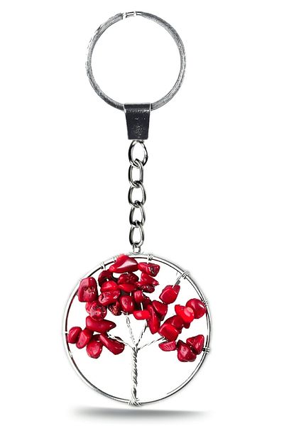 Tesbih Atölyesi Certified Red Coral Stone Tree of Life Natural Stone Keychain