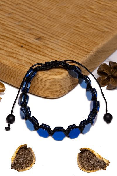 Tesbih Atölyesi Certified Hexagonal Blue Hematite Stone Bracelet - Macrame