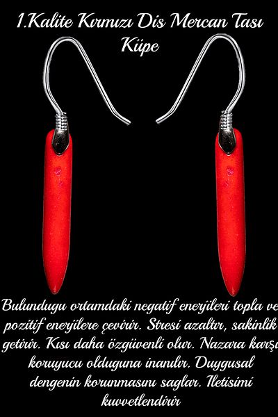 Tesbih Atölyesi Certified Red Tooth Coral Stone Natural Stone Earrings
